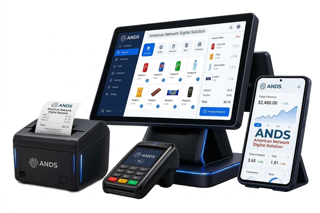 Business owner at a POS counter accepting a card payment